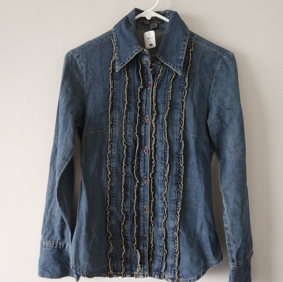 π¨π΅ french vintage jean shirt ruffles long sleeves size small π¨π΅ - Picture 5 of 7